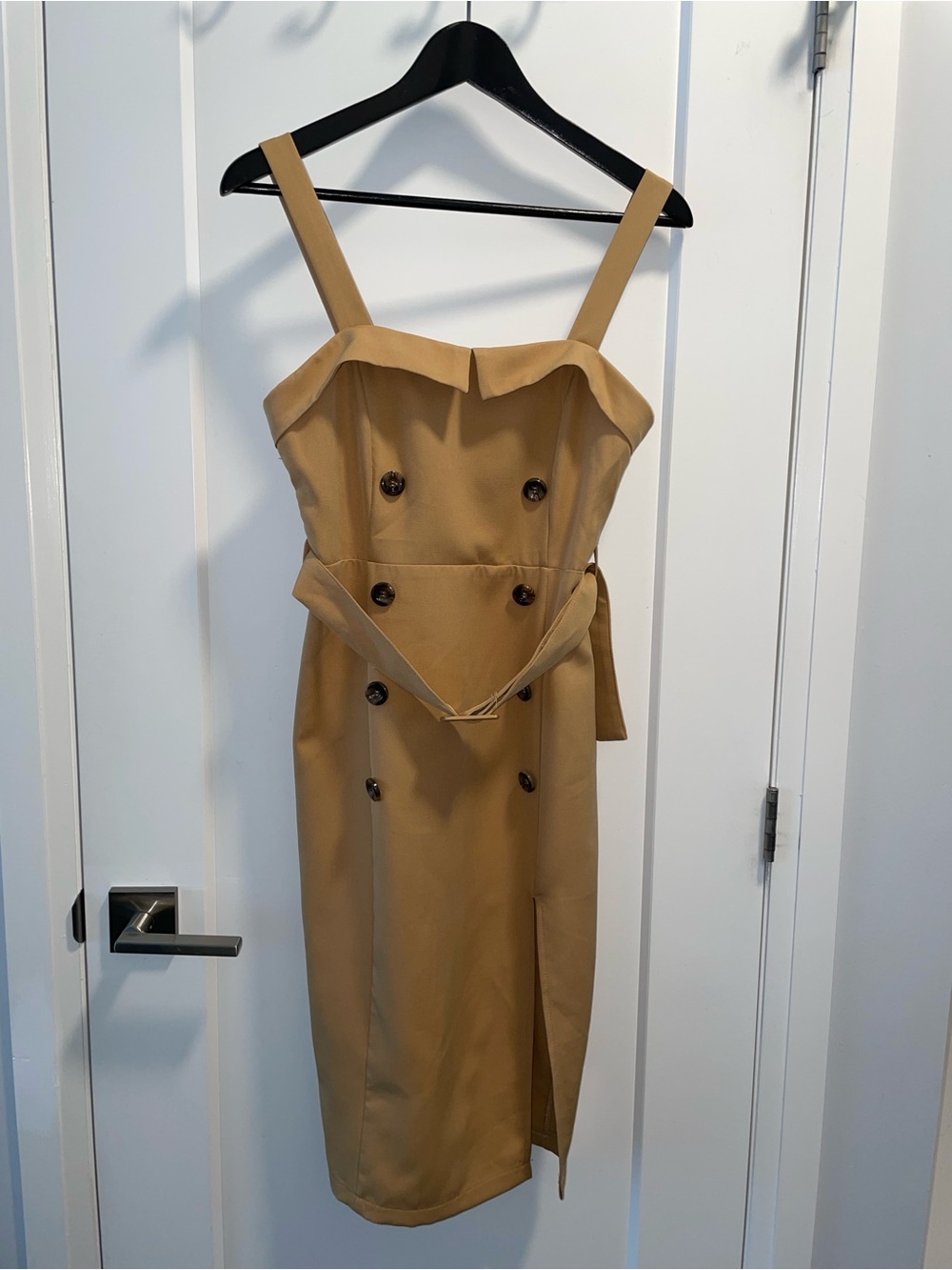 Sleeveless Tan Trench-Style Midi Dress